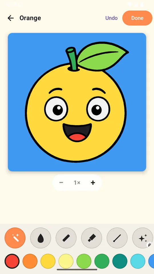 Coloring a smiling orange with the fill tool in Gullu